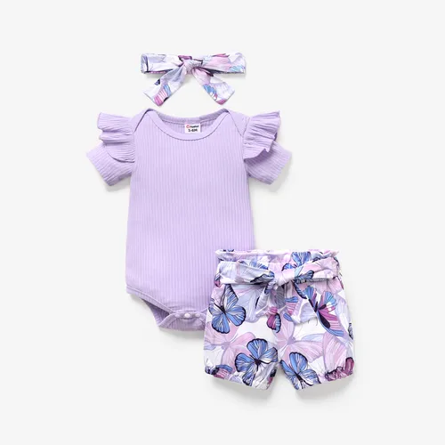 3pcs Baby Girl Ribbed Romper & Belted Shorts & Headband Set