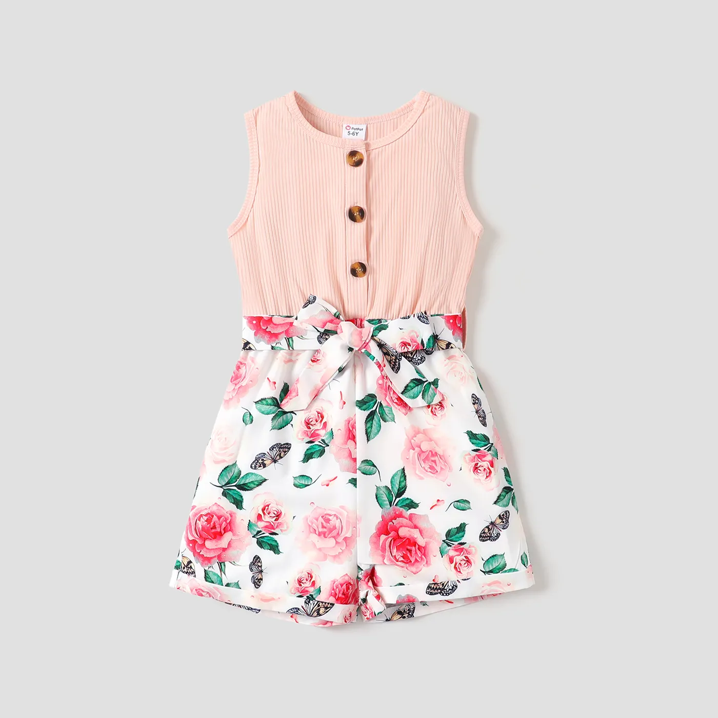 Kid Girl Floral Print Button Design Sleeveless Rompers  big image 1