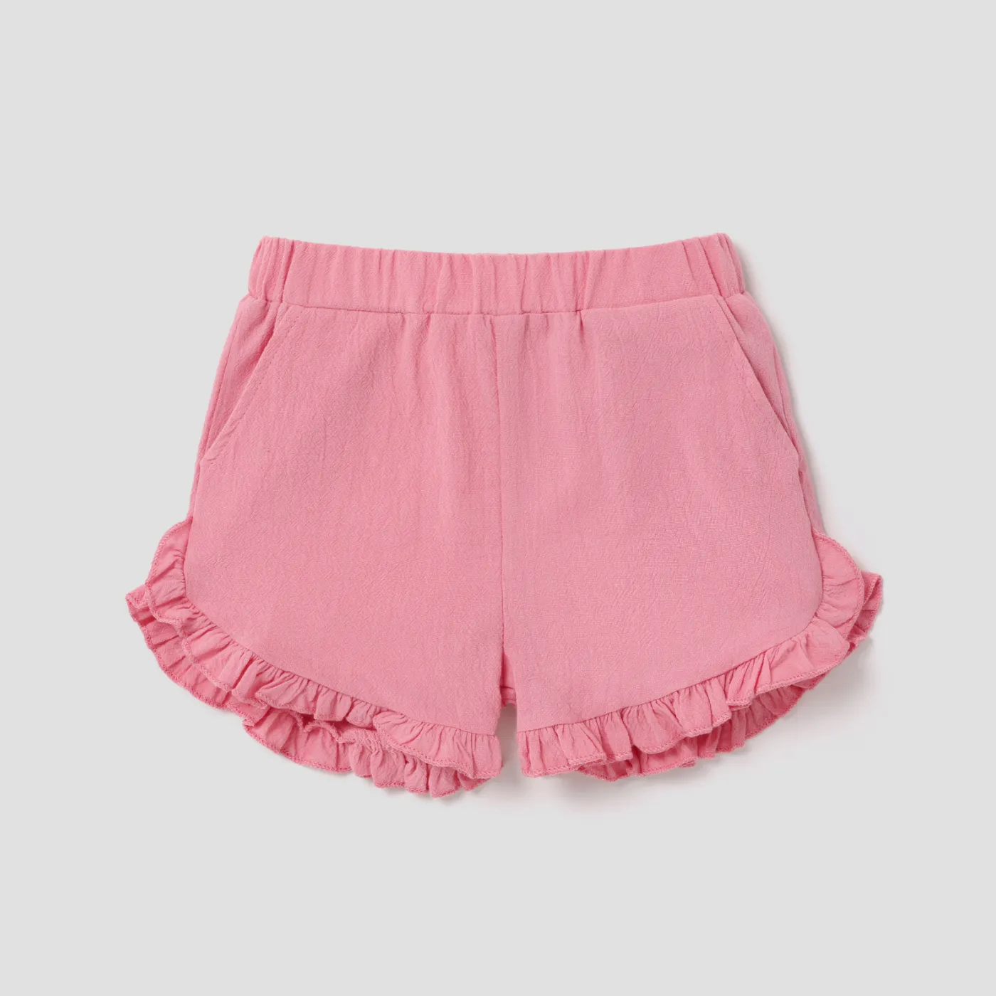 Toddler Girl 100% Cotton Ruffle Hem Solid Shorts Pink big image 1
