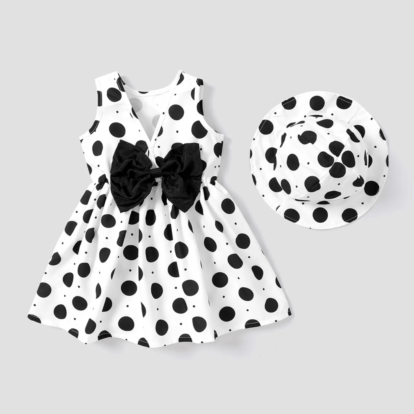 2Pcs Toddler Girl Sweet Polka Dots Fedora Hat & Bow Front Tank Dress