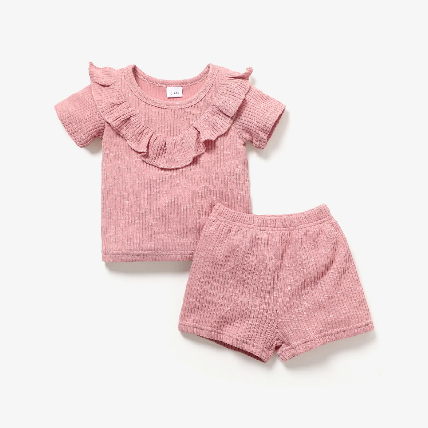 2pcs Baby Girl Solid Ribbed Ruffle Trim Short-sleeve Top & Shorts Set