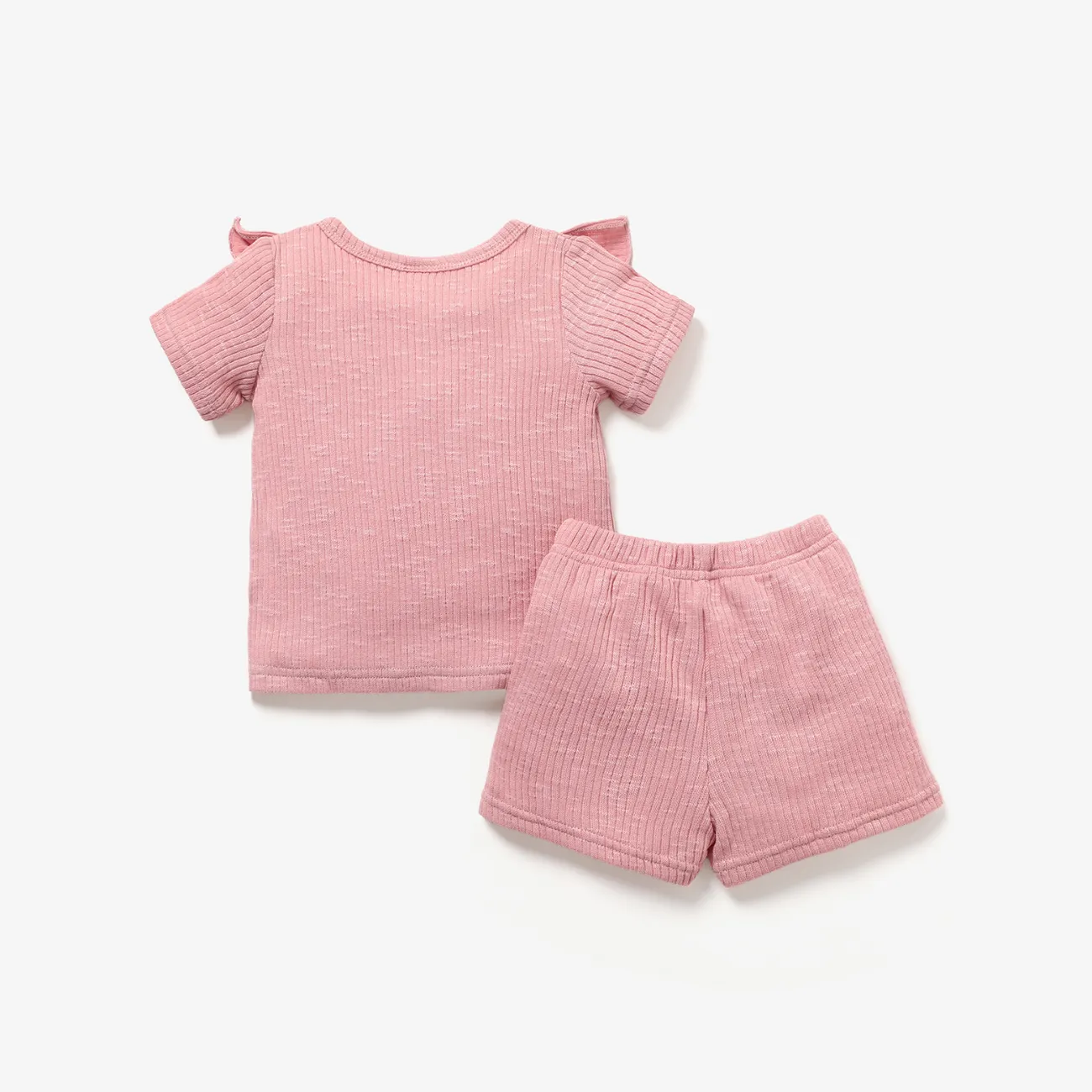 2pcs Baby Girl Solid Ribbed Ruffle Trim Short-sleeve Top & Shorts Set Pink big image 1