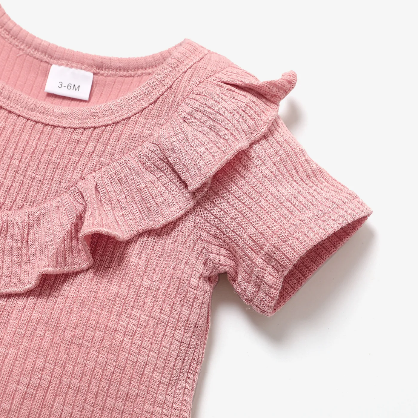 2pcs Baby Girl Solid Ribbed Ruffle Trim Short-sleeve Top & Shorts Set Pink image 3