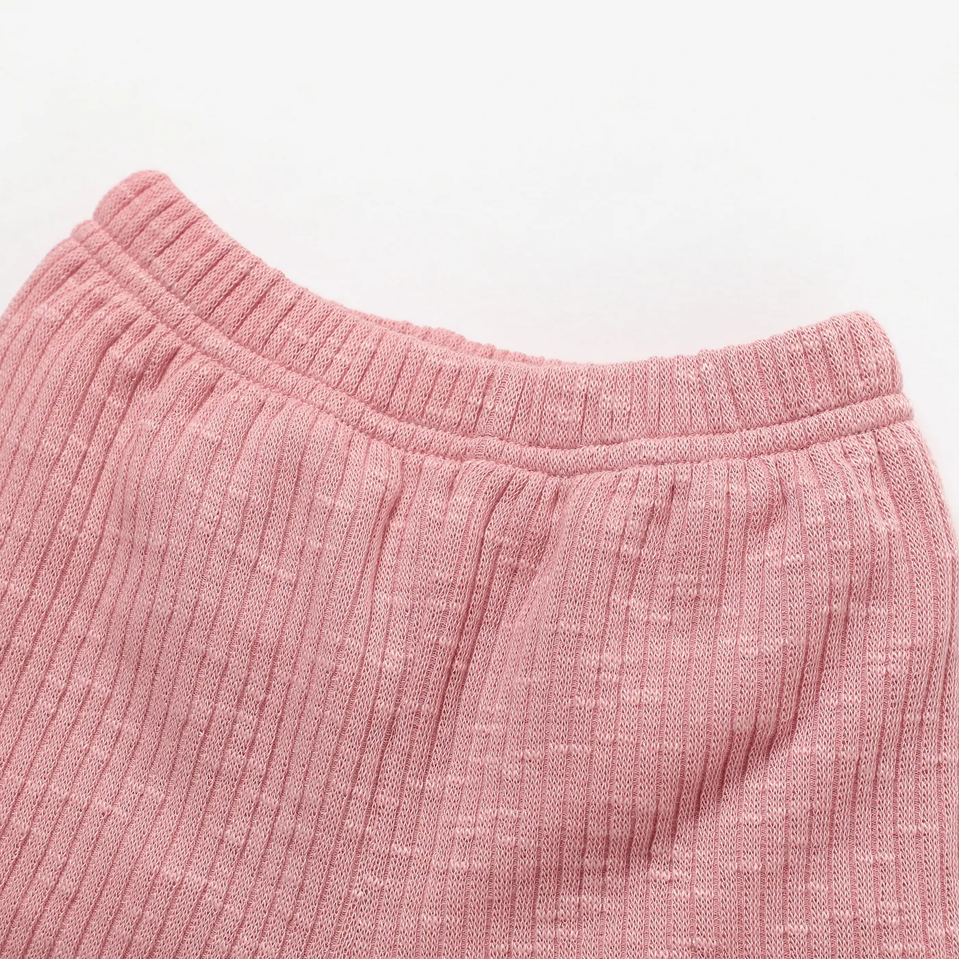 2pcs Baby Girl Solid Ribbed Ruffle Trim Short-sleeve Top & Shorts Set Pink image 4