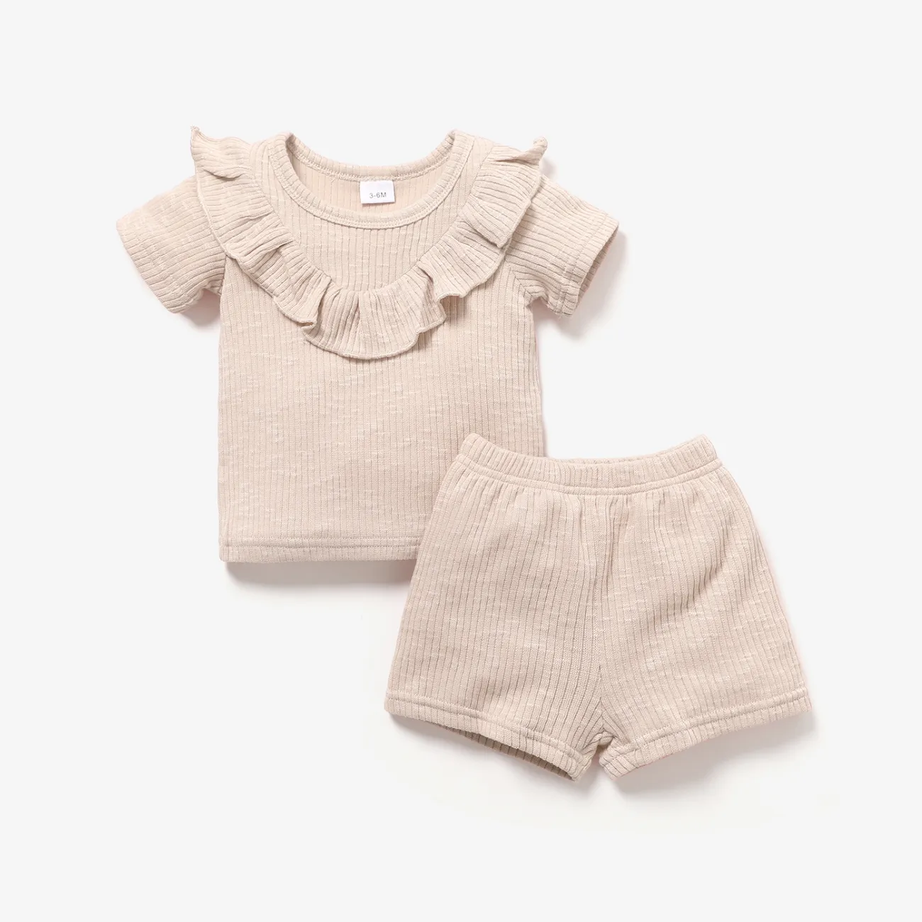 2pcs Baby Girl Solid Ribbed Ruffle Trim Short-sleeve Top & Shorts Set Apricot big image 1