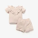 2pcs Baby Girl Solid Ribbed Ruffle Trim Short-sleeve Top & Shorts Set Apricot