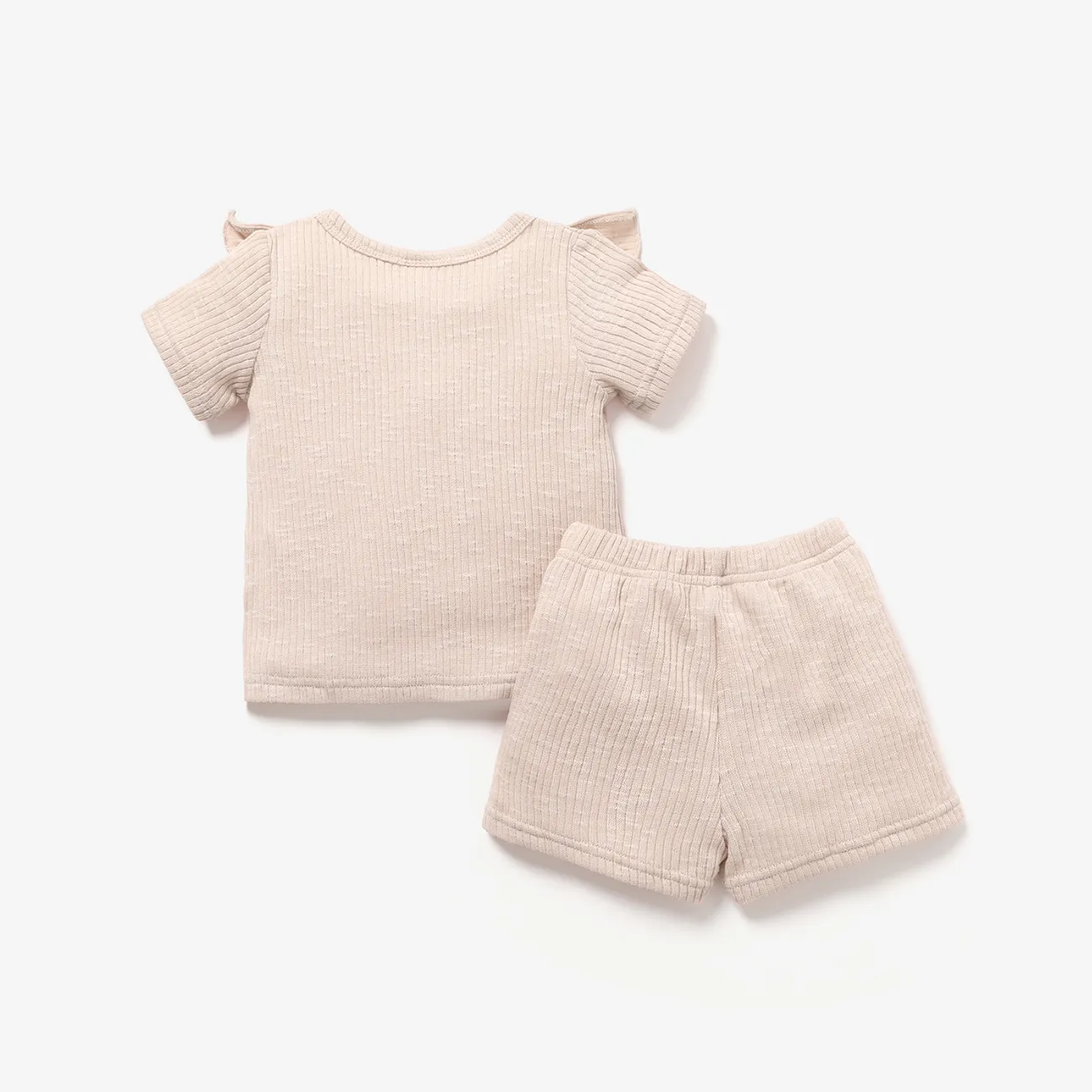 2pcs Baby Girl Solid Ribbed Ruffle Trim Short-sleeve Top & Shorts Set Apricot big image 1