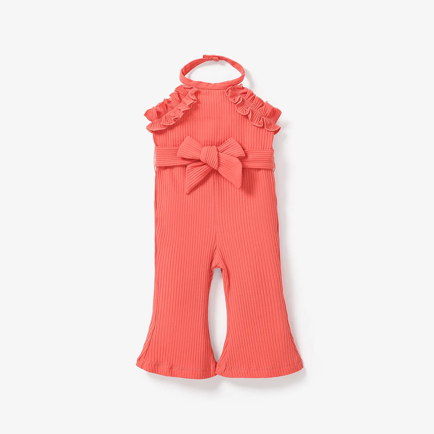 2pcs Baby Girl Cotton Ribbed Ruffle Trim Halter Sleeveless Bell Bottom Jumpsuit & Belt Set Coral