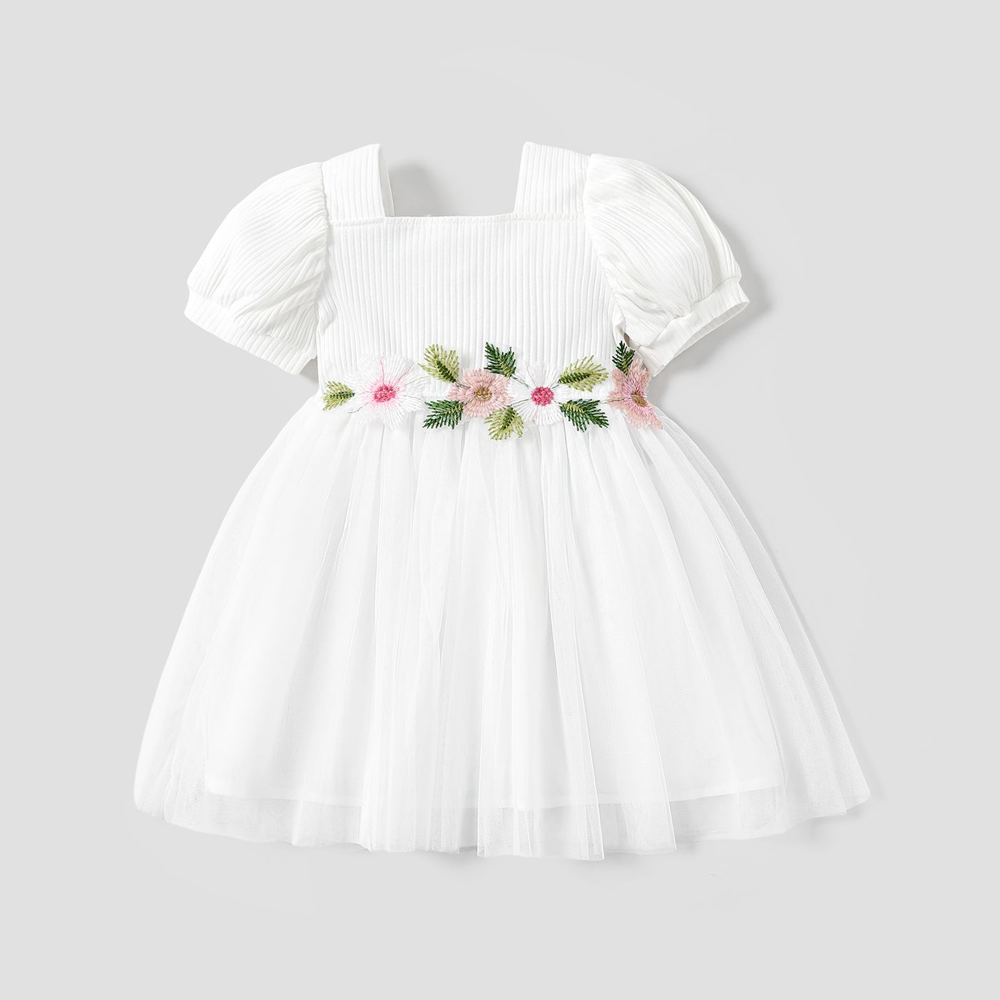 Toddler Girl Sweet Floral Design Mesh Puff-sleeve Dress/ Mary Jane Shoes