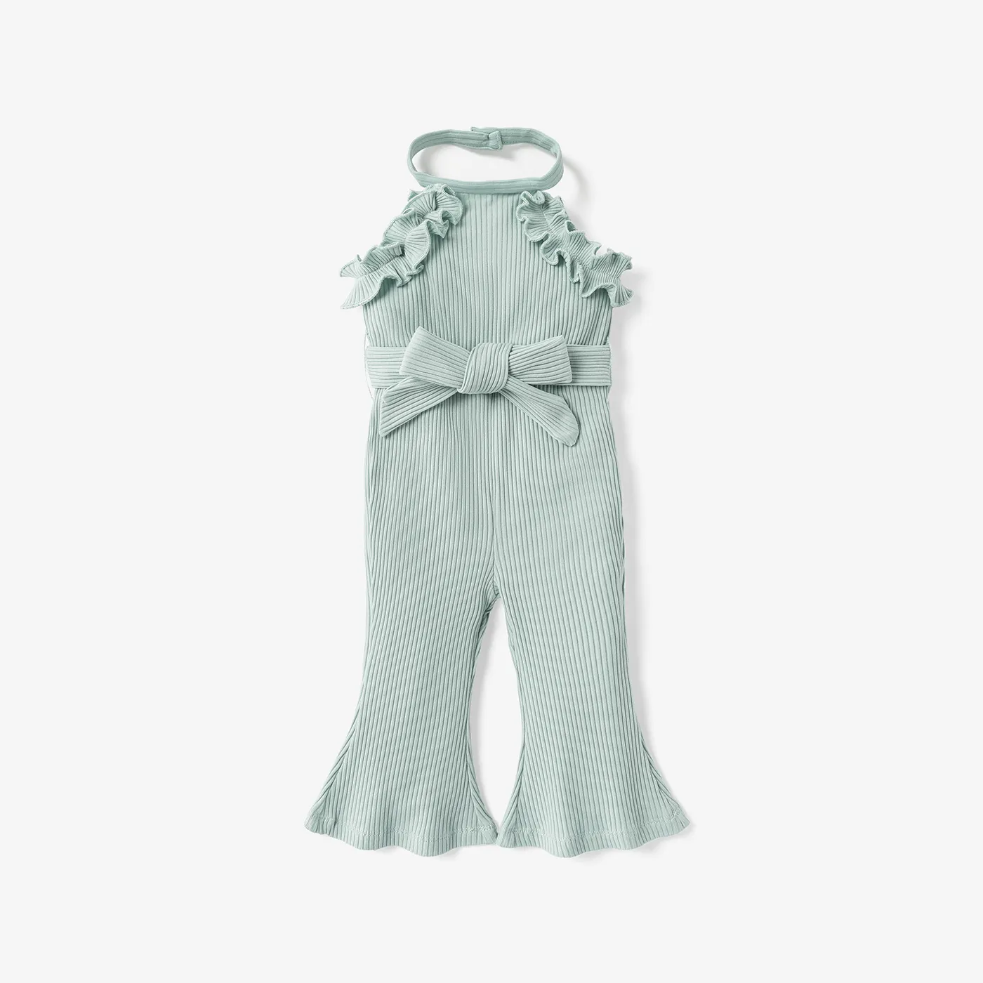 2pcs Baby Girl Cotton Ribbed Ruffle Trim Halter Sleeveless Bell Bottom Jumpsuit & Belt Set Green