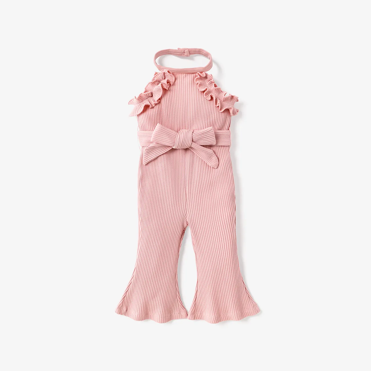 2pcs Baby Girl Cotton Ribbed Ruffle Trim Halter Sleeveless Bell Bottom Jumpsuit & Belt Set Pink big image 1