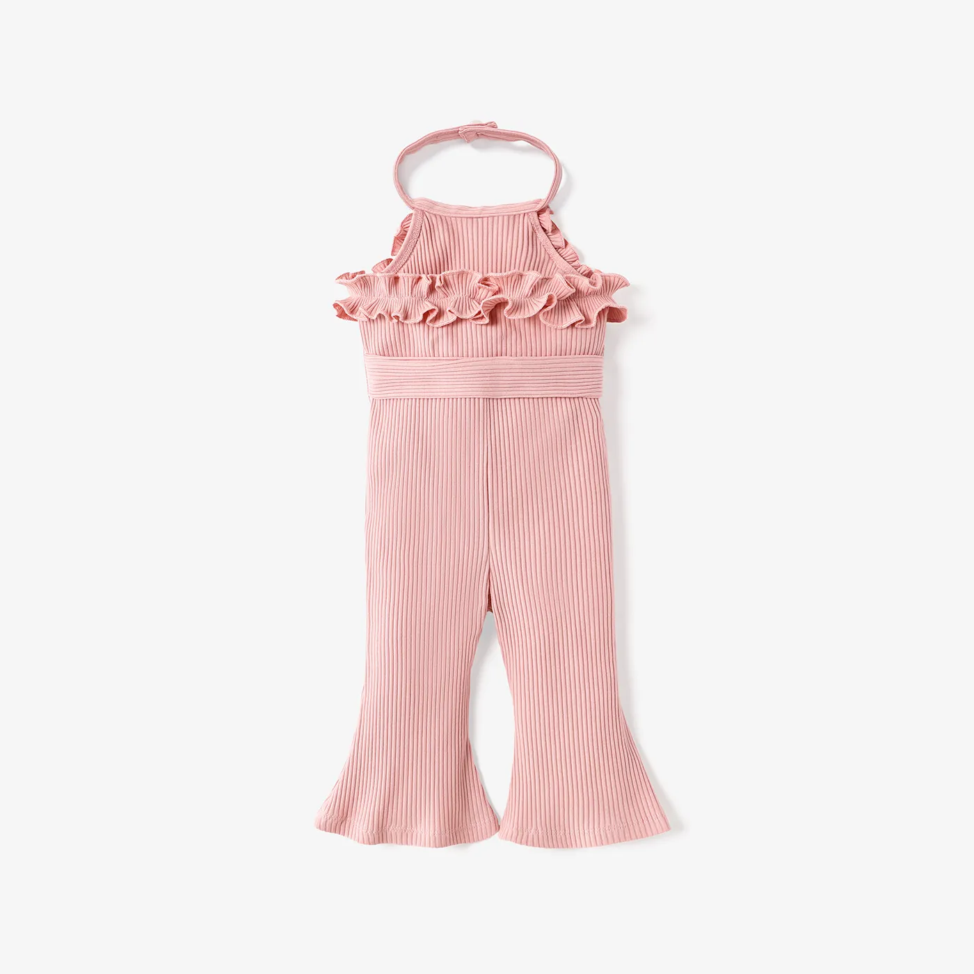 2pcs Baby Girl Cotton Ribbed Ruffle Trim Halter Sleeveless Bell Bottom Jumpsuit & Belt Set Pink image 2