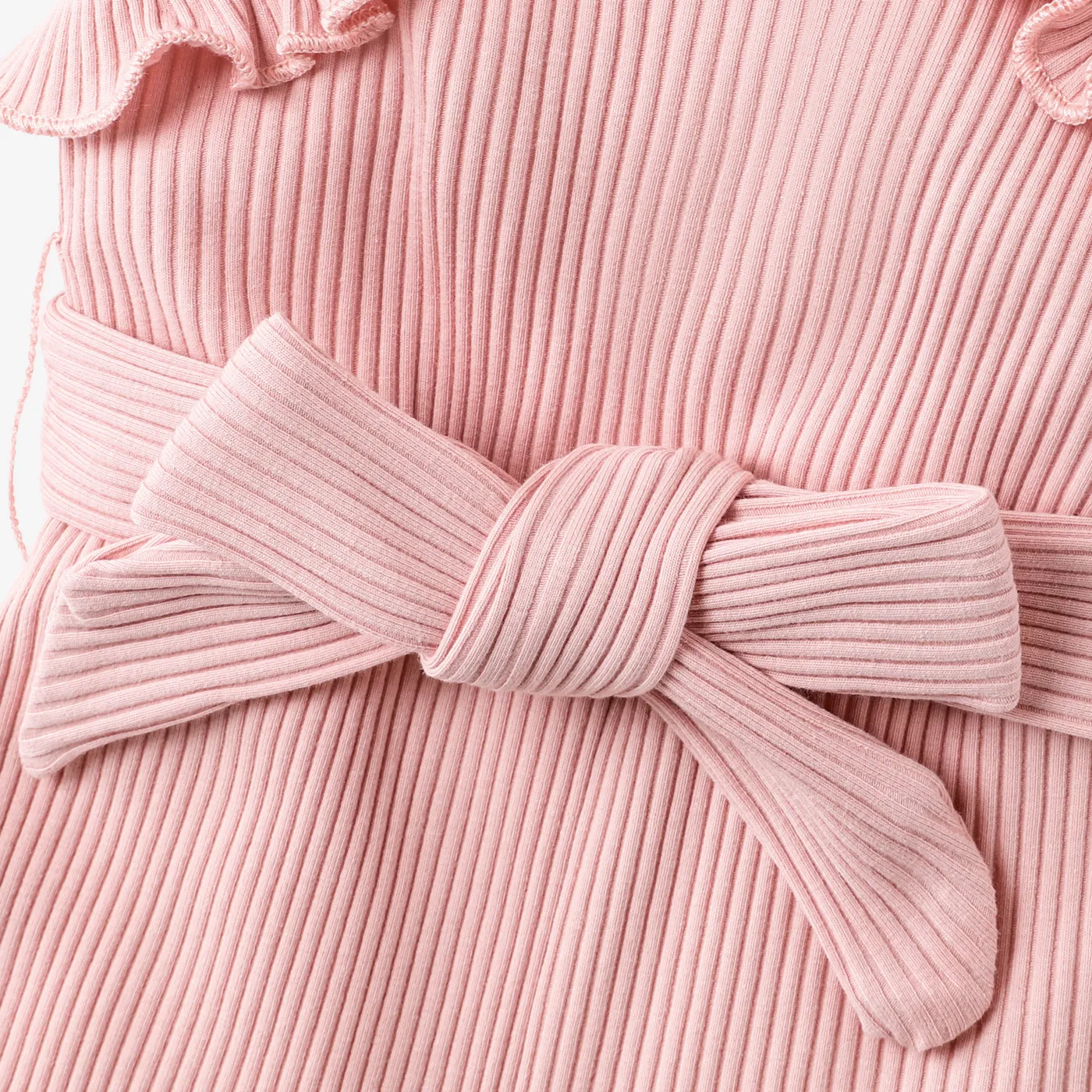 2pcs Baby Girl Cotton Ribbed Ruffle Trim Halter Sleeveless Bell Bottom Jumpsuit & Belt Set Pink image 4