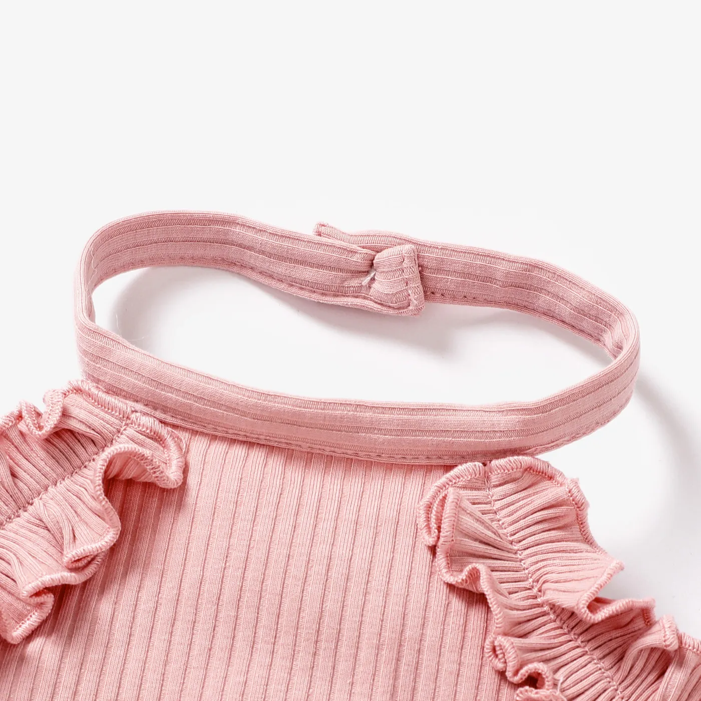 2pcs Baby Girl Cotton Ribbed Ruffle Trim Halter Sleeveless Bell Bottom Jumpsuit & Belt Set Pink image 3