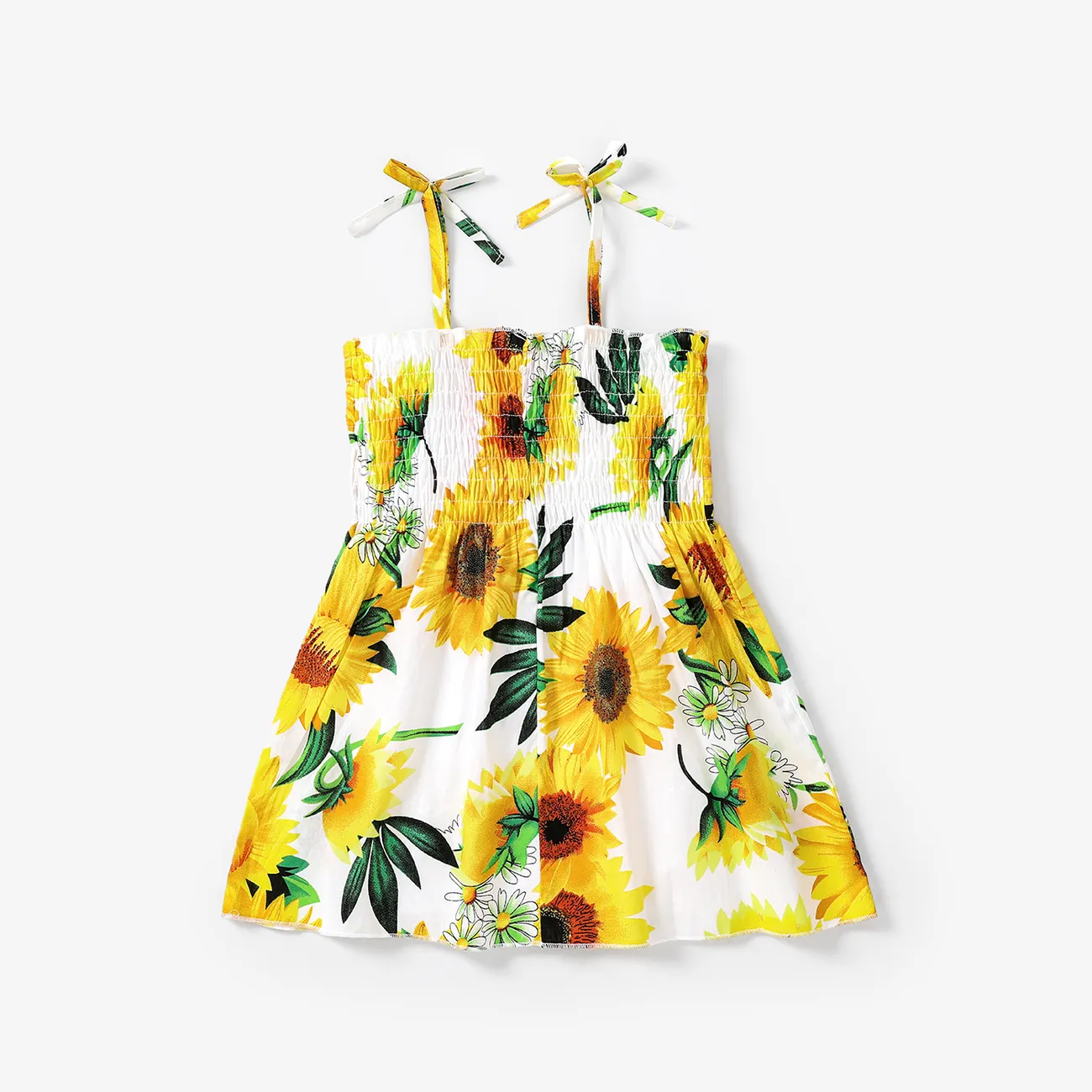 Toddler Girl 100% Cotton Sweet Sunflower Print Smocked Slip Dress White big image 1