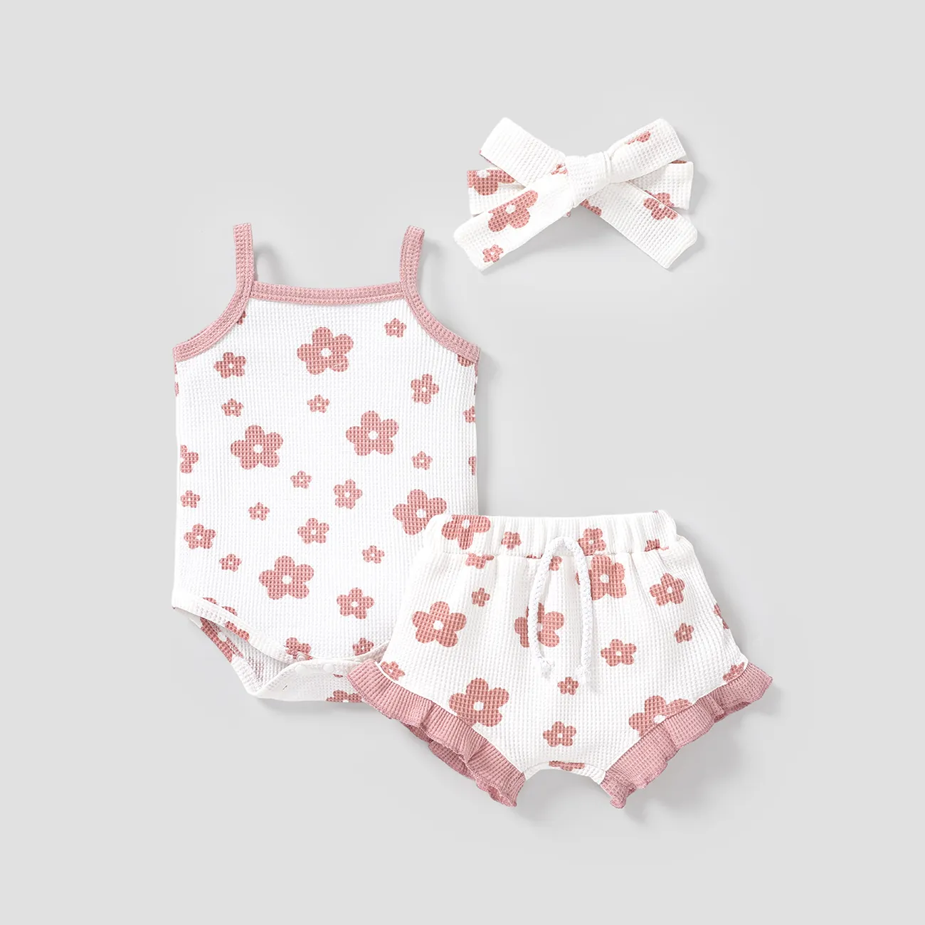 3pcs Baby Girl 3-piece Floral Print Textured Cami Romper and Ruffled Shorts & Headband Set Pink big image 1