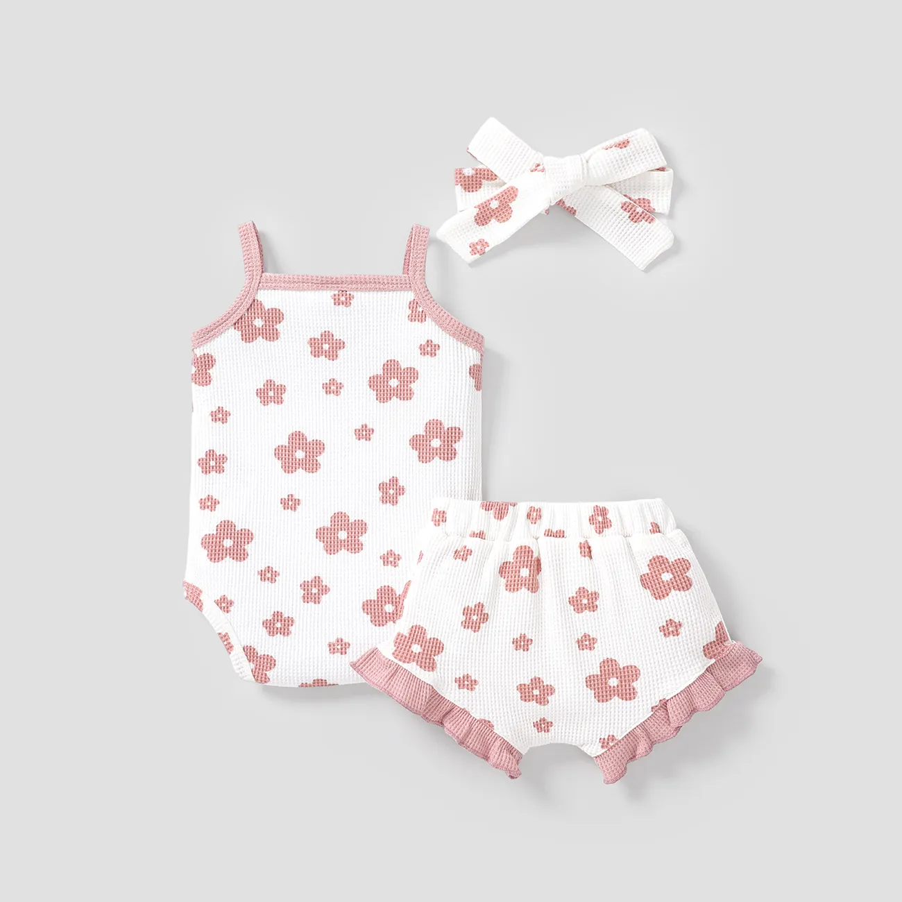 3pcs Baby Girl 3-piece Floral Print Textured Cami Romper and Ruffled Shorts & Headband Set Pink big image 1