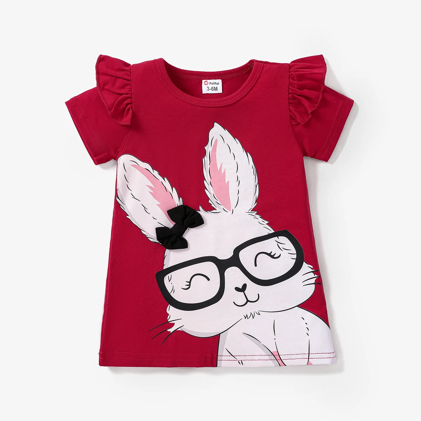 Baby Girl Rabbit Print Flutter-sleeve T-shirt Dress Burgundy