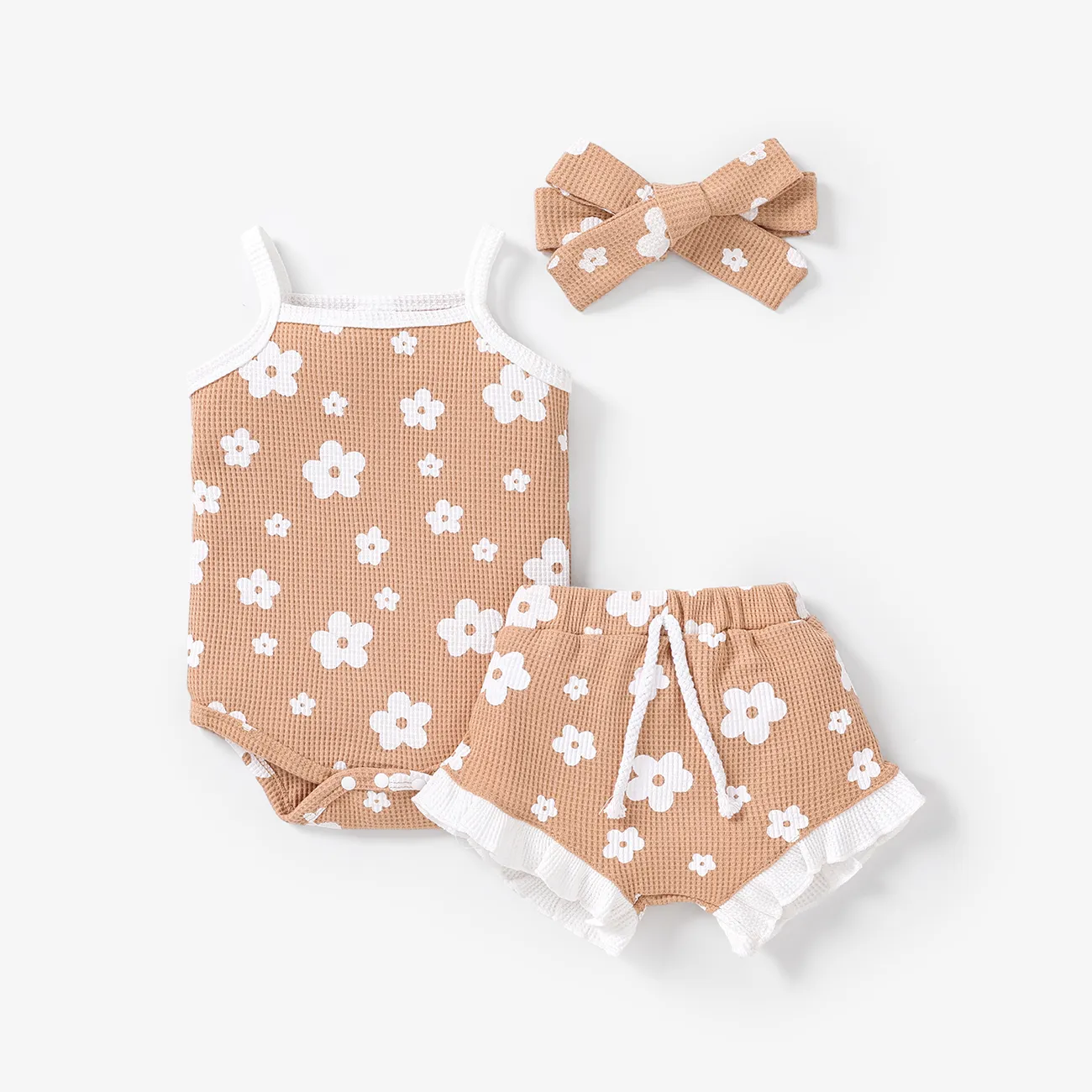 3pcs Baby Girl 3-piece Floral Print Textured Cami Romper and Ruffled Shorts & Headband Set Apricot big image 1