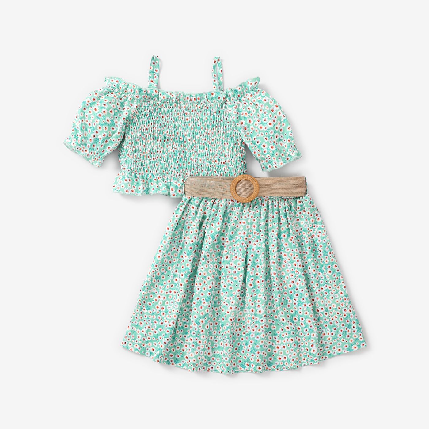 

2pcs Kid Girl Off-Shoulder Smocked Top and Belted Skirt Set