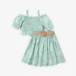 2pcs Kid Girl Off-Shoulder Smocked Top and Belted Skirt Set Mint Green