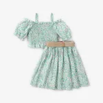 2pcs Kid Girl Off-Shoulder Smocked Top and Belted Skirt Set Mint Green image 2