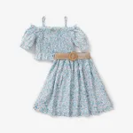 2pcs Kid Girl Off-Shoulder Smocked Top and Belted Skirt Set Light Blue