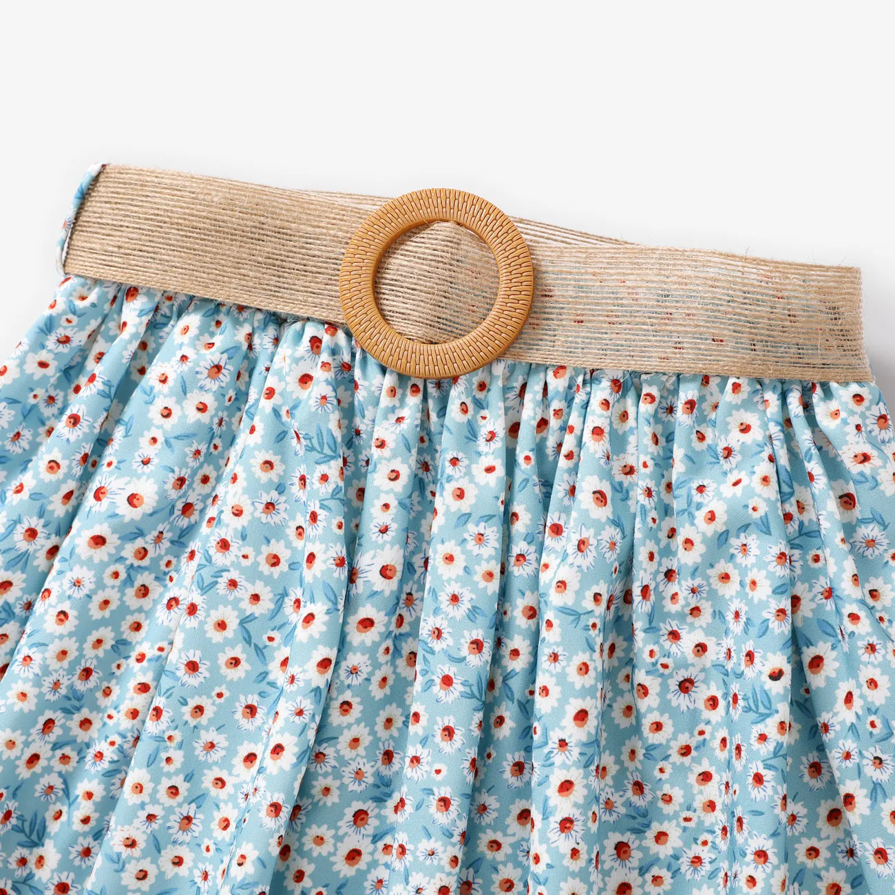 2pcs Kid Girl Off-Shoulder Smocked Top and Belted Skirt Set Light Blue big image 1