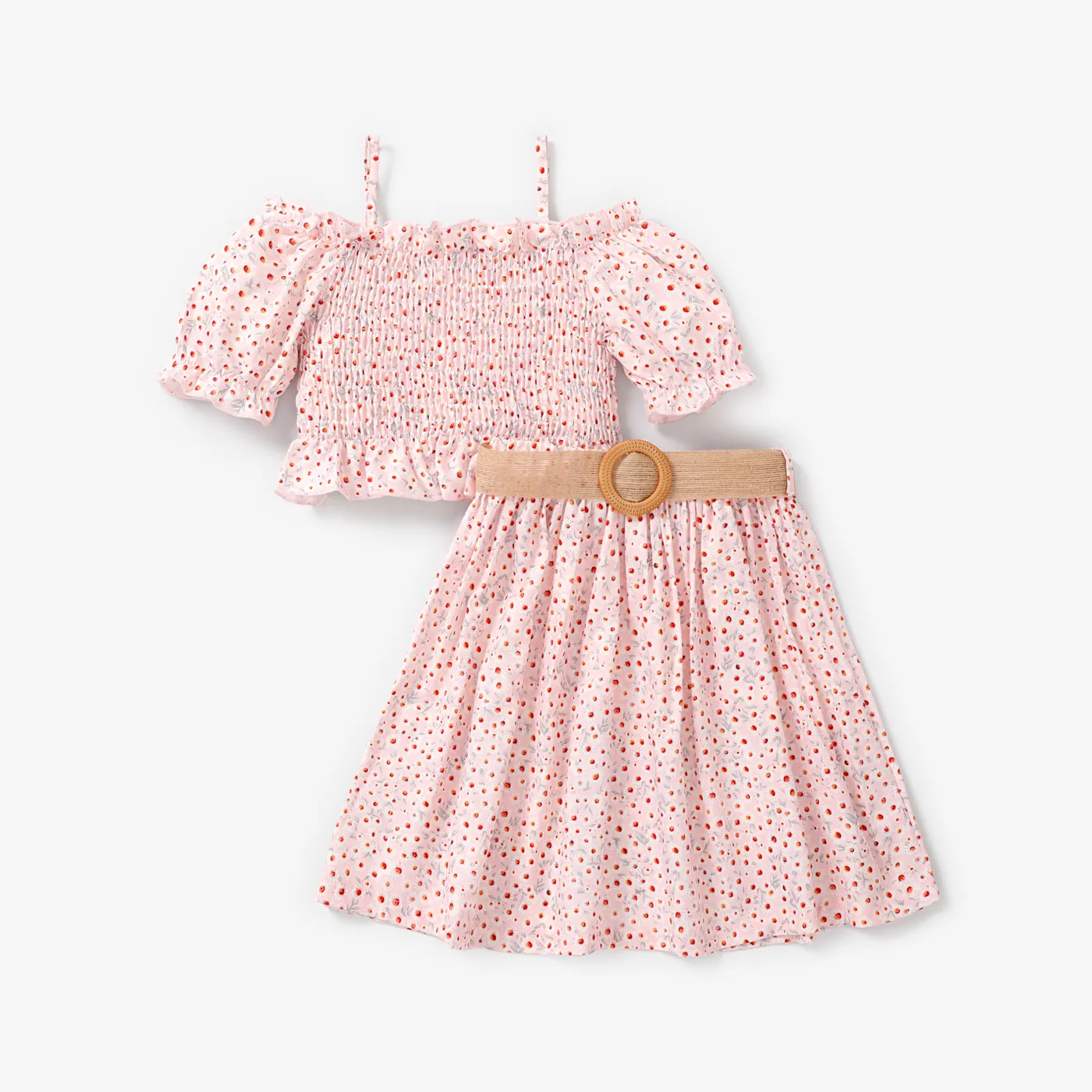 2pcs Kid Girl Off-Shoulder Smocked Top and Belted Skirt Set Pink