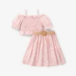 2pcs Kid Girl Off-Shoulder Smocked Top and Belted Skirt Set Pink
