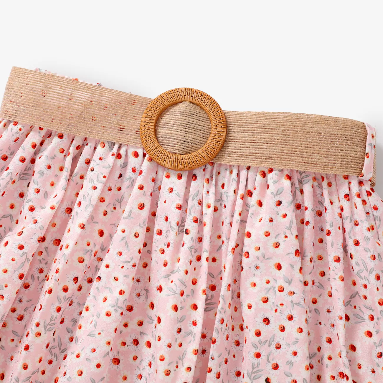 2pcs Kid Girl Off-Shoulder Smocked Top and Belted Skirt Set Pink big image 1