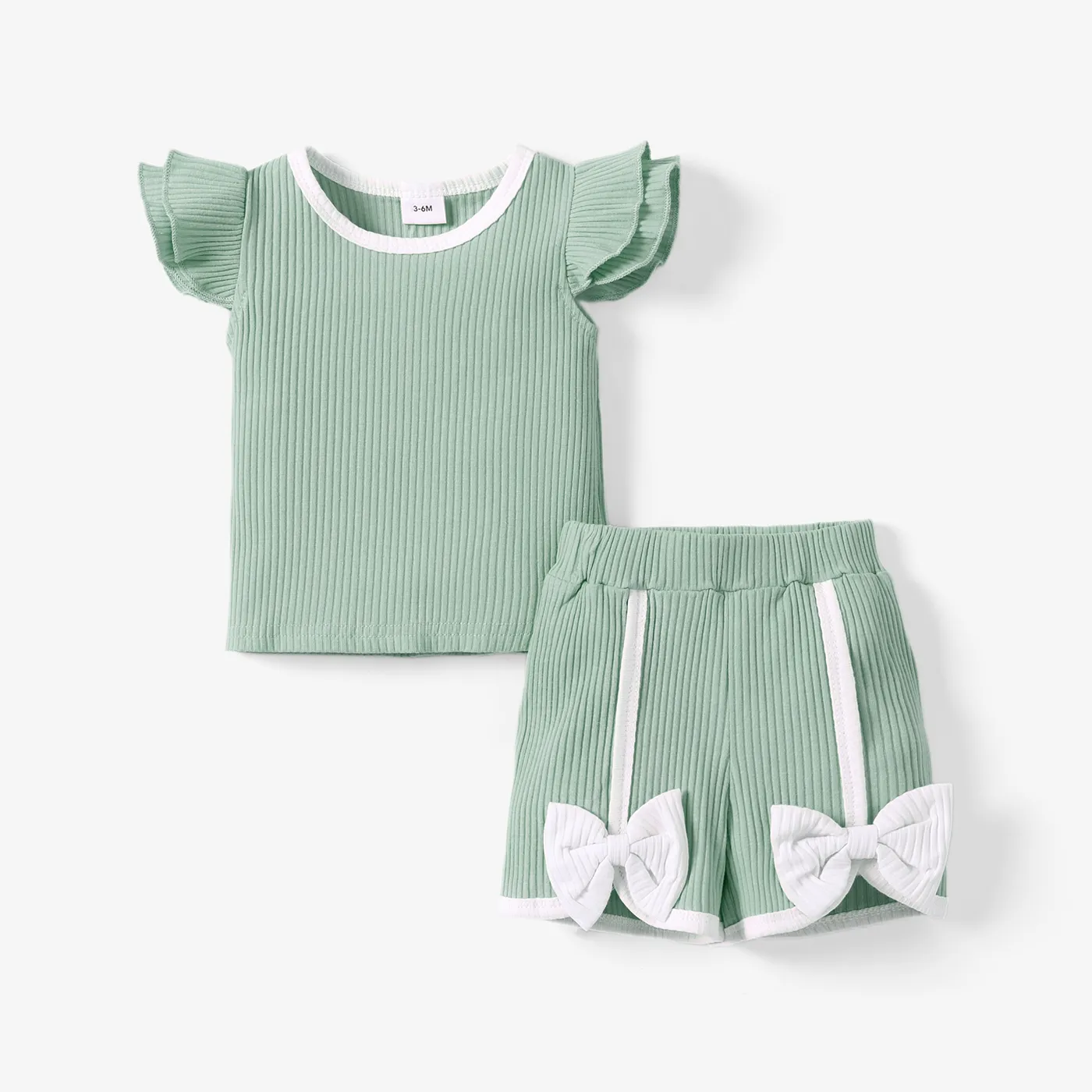 2pcs Baby Girl 95% Cotton Ribbed Ruffle-sleeve Tee and Bow Front Shorts Set Green