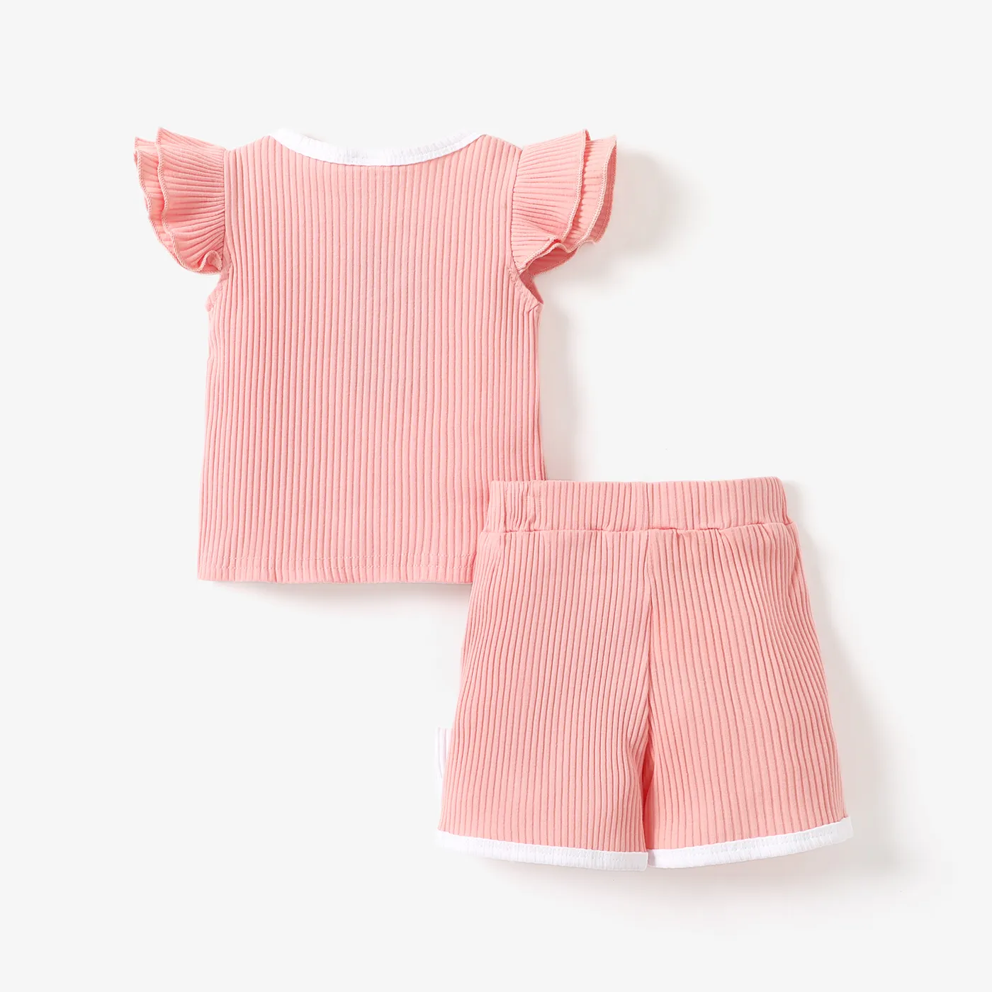 2pcs Baby Girl 95% Cotton Ribbed Ruffle-sleeve Tee and Bow Front Shorts Set Pink image 2
