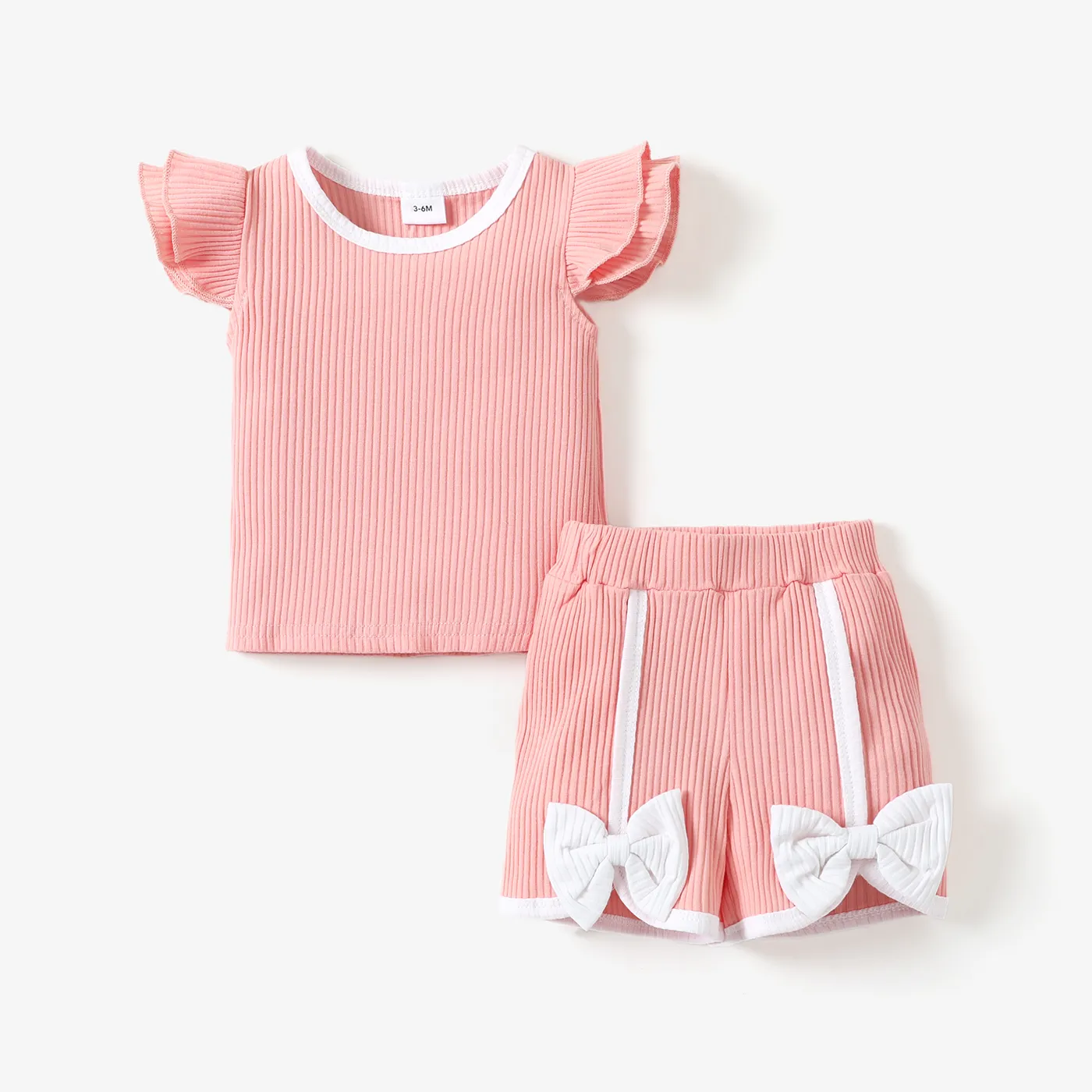2pcs Baby Girl 95% Cotton Ribbed Ruffle-sleeve Tee and Bow Front Shorts Set Pink big image 1
