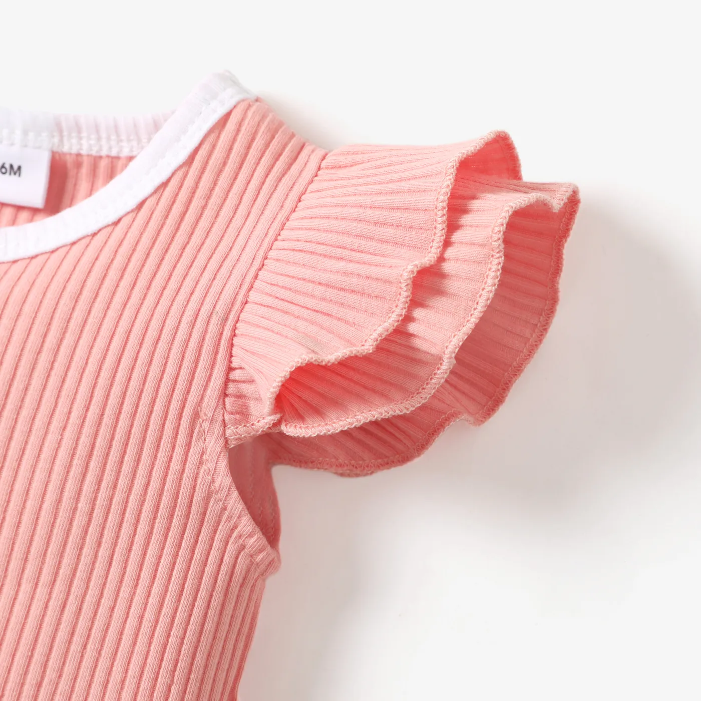 2pcs Baby Girl 95% Cotton Ribbed Ruffle-sleeve Tee and Bow Front Shorts Set Pink image 4