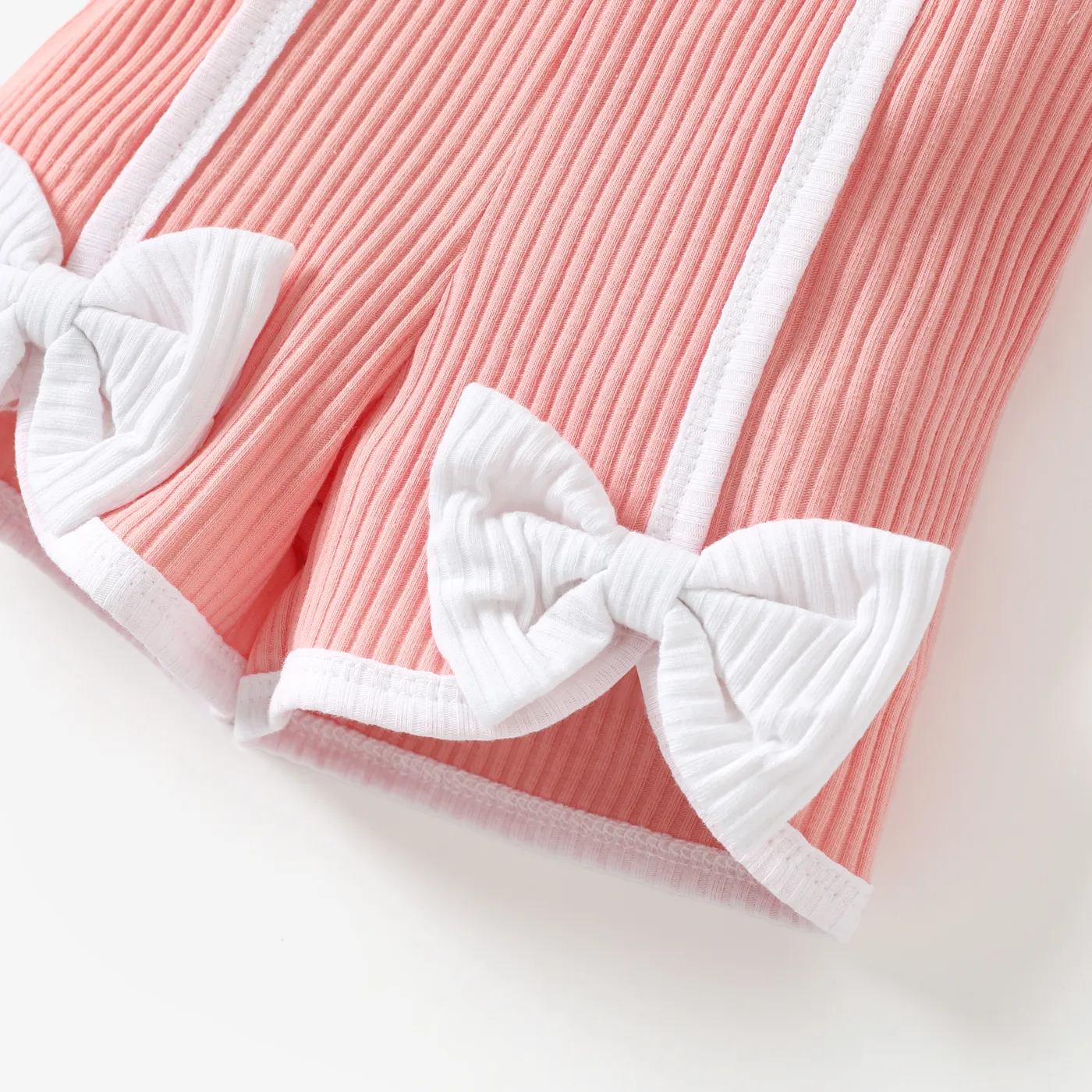 2pcs Baby Girl 95% Cotton Ribbed Ruffle-sleeve Tee and Bow Front Shorts Set Pink image 5
