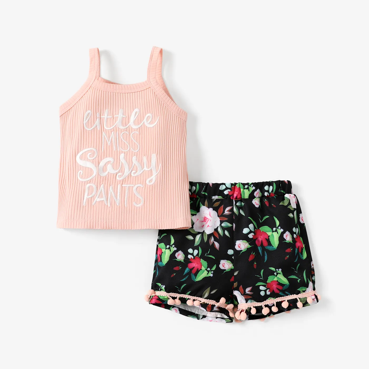 2pcs Toddler Girl Letter Print Camisole and Floral Print Shorts Set Pink