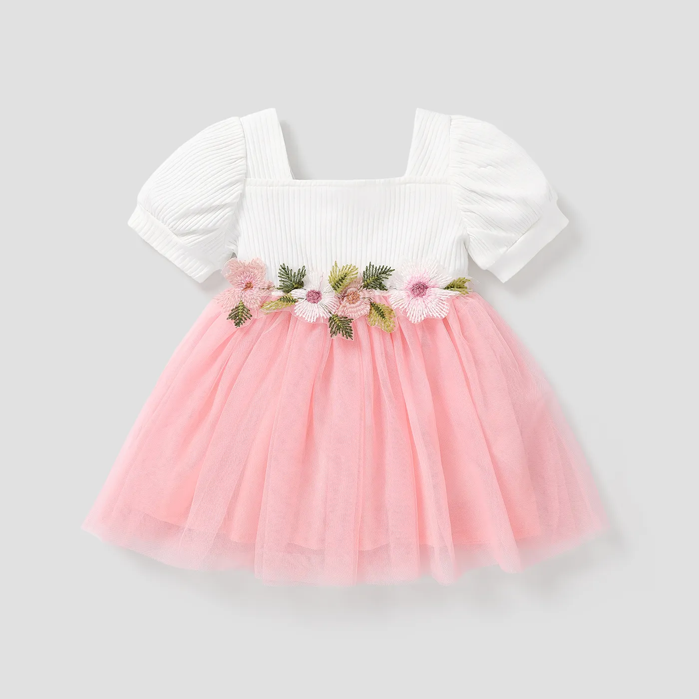 Baby Girl 95% Cotton Ribbed Square Neck Puff-sleeve Spliced Floral Embroidered Mesh Fairy Dress