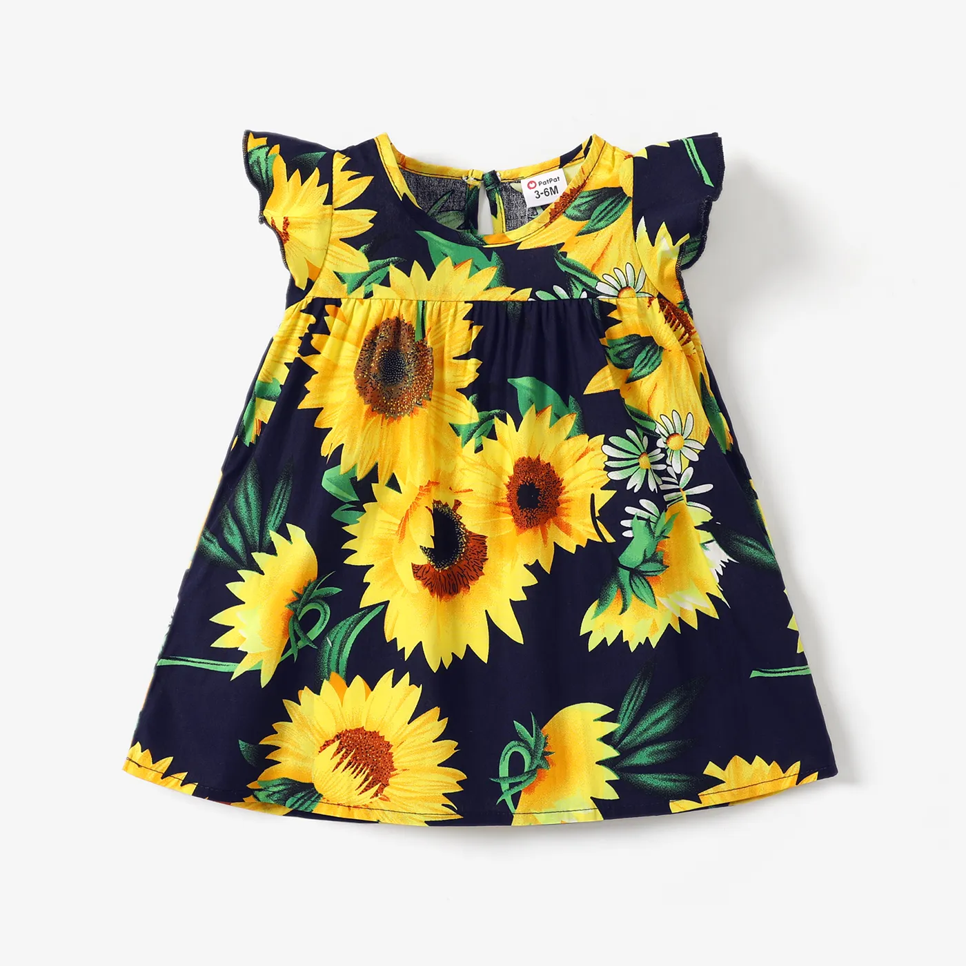 Baby Girl 100% Cotton Cotton Sunflower Print Flutter-sleeve Dress