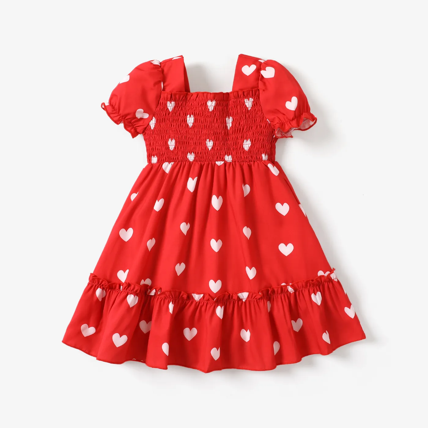 Toddler Girl Heart Print Smocked Square Neck Short-sleeve Dress