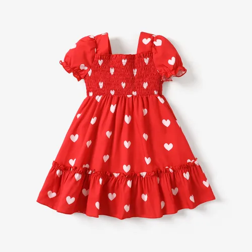 Toddler Girl Heart Print Smocked Square Neck Short-sleeve Dress