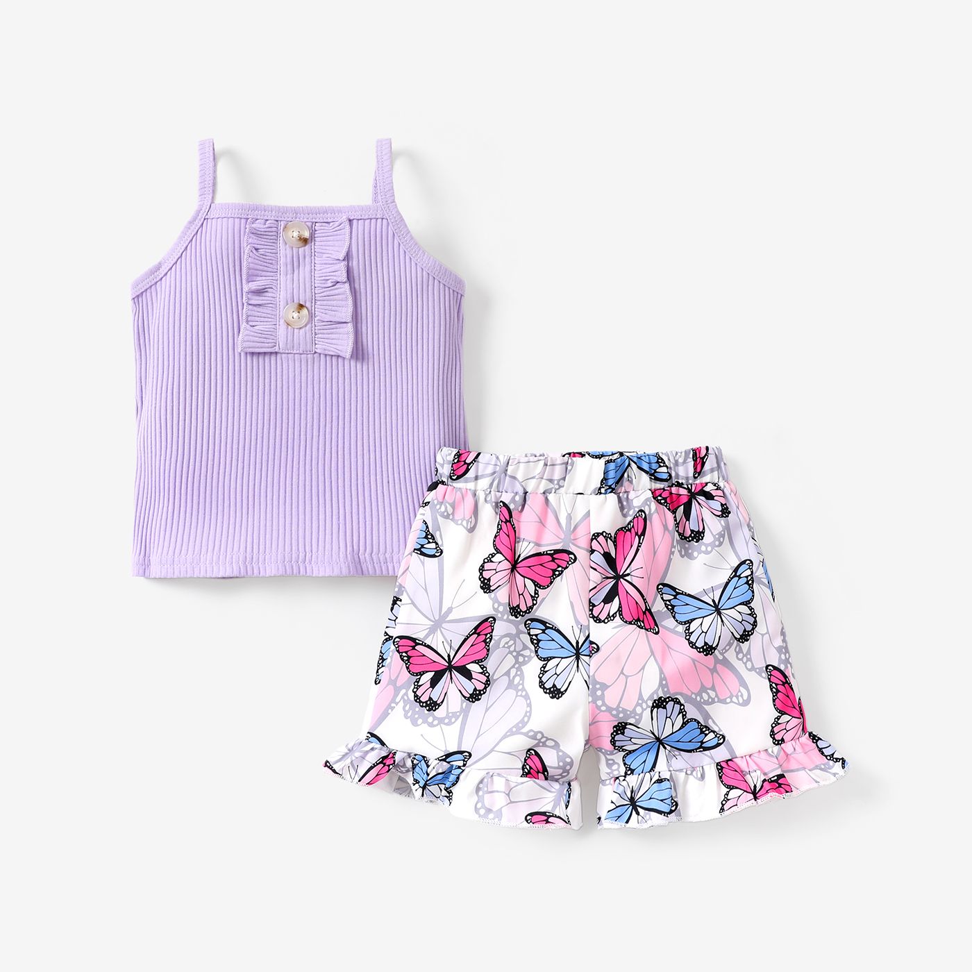 2pcs Toddler Girl Sweet Ruffled Ribbed Camisole And Butterfly Print Shorts Set