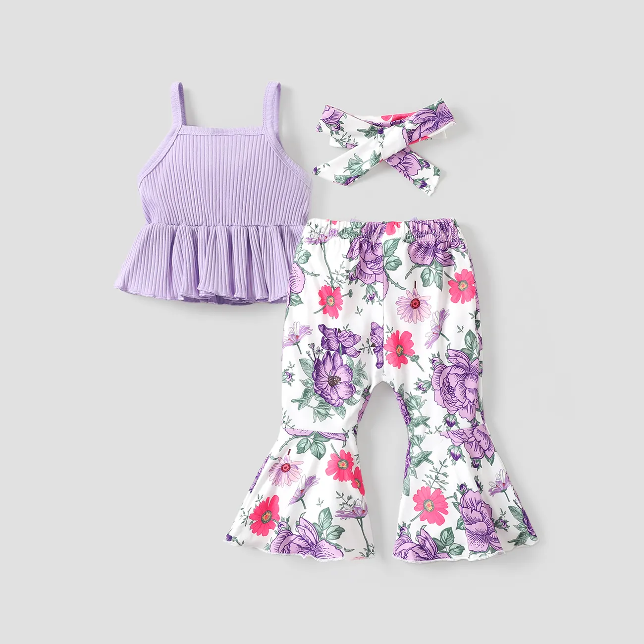 3pcs Baby Girl 95% Cotton Ribbed Ruffle Hem Cami Top and Bow Front Floral Print Flared Pants & Headband Set Purple big image 1