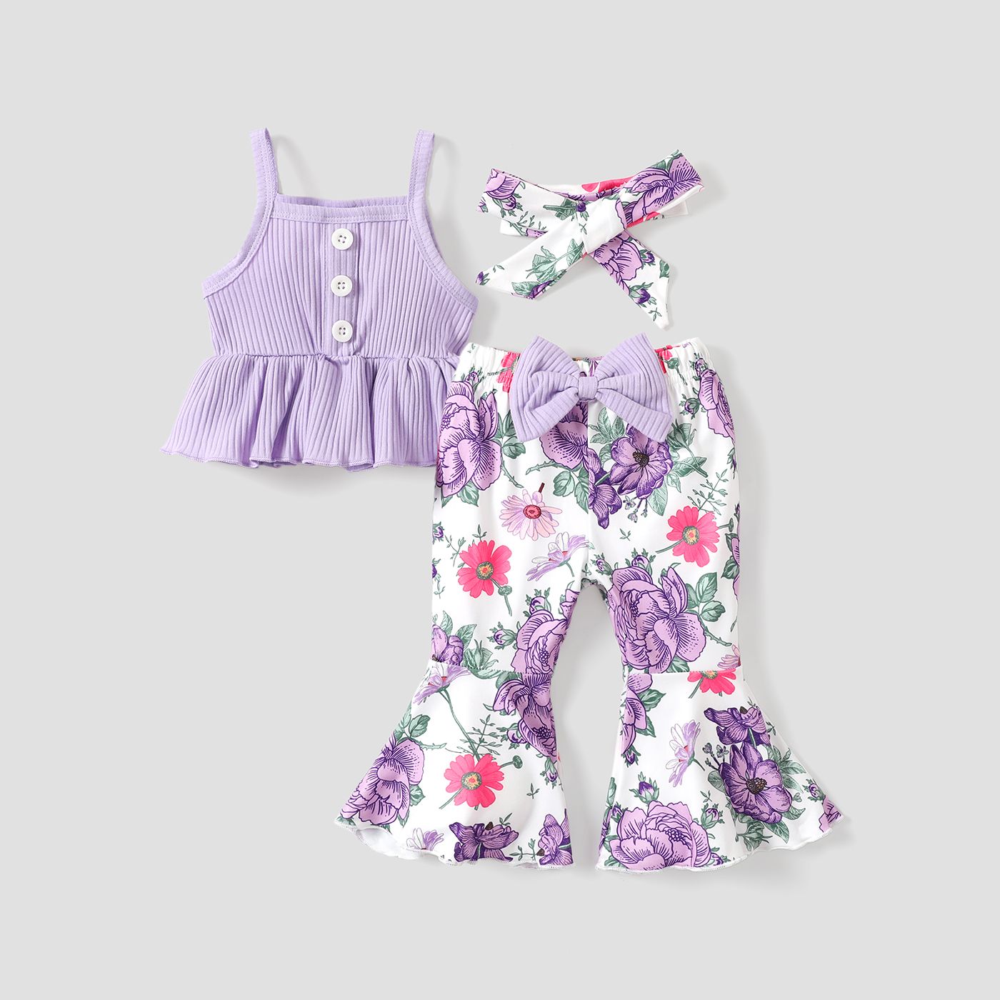 3pcs Baby Girl 95% Cotton Ribbed Ruffle Hem Cami Top And Bow Front Floral Print Flared Pants & Headband Set