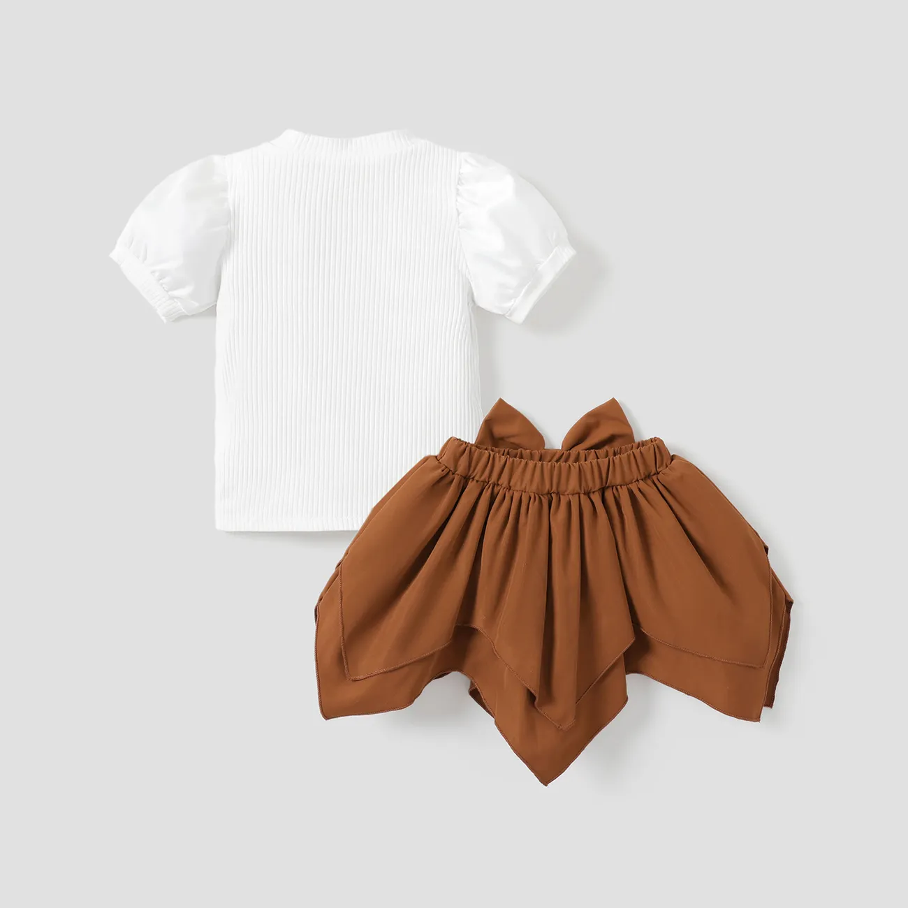2pcs Toddler Girl Sweet Puff-sleeve Tee and Irregular Hem Skirt Set Brown big image 1