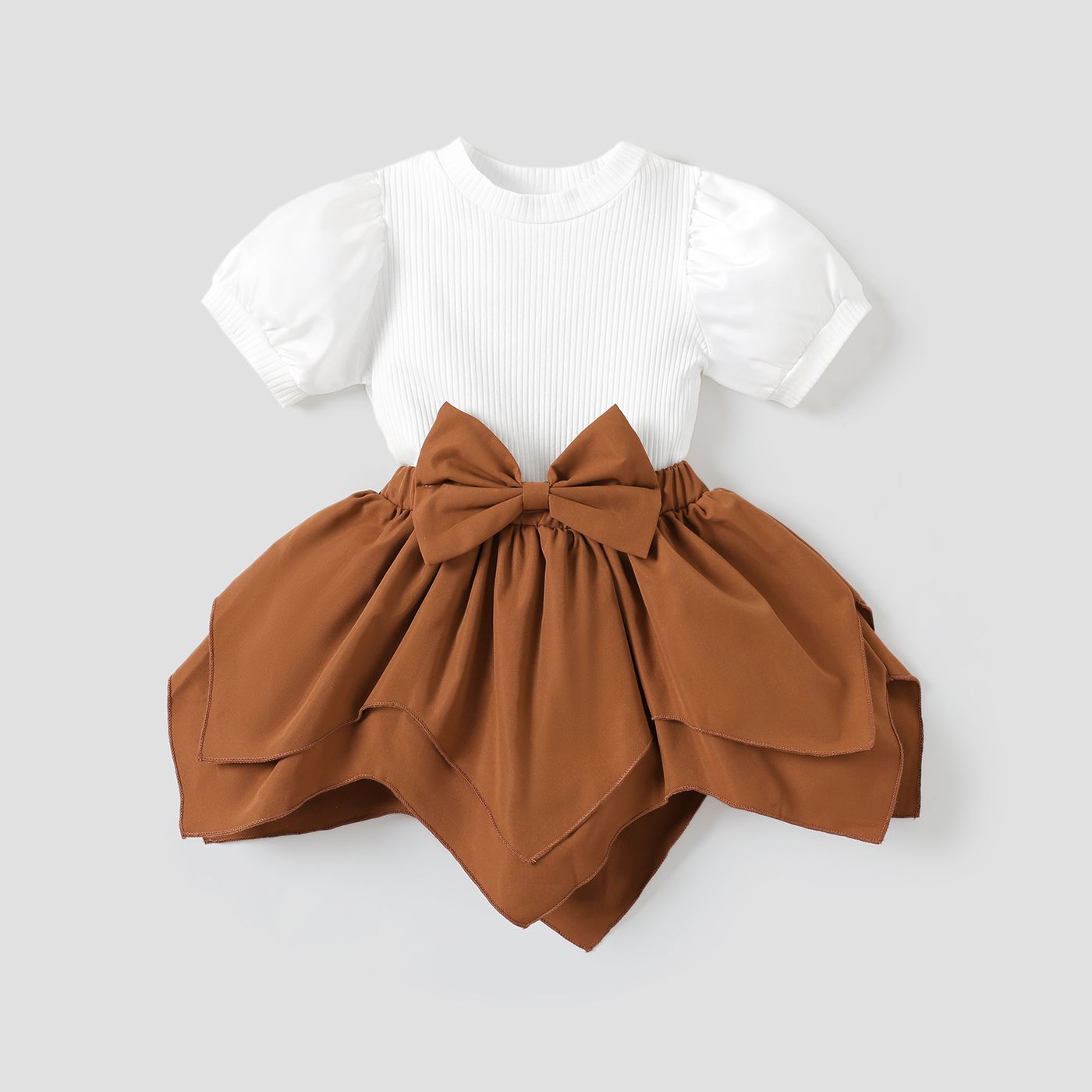 2pcs Toddler Girl Sweet Puff-sleeve Tee and Irregular Hem Skirt Set