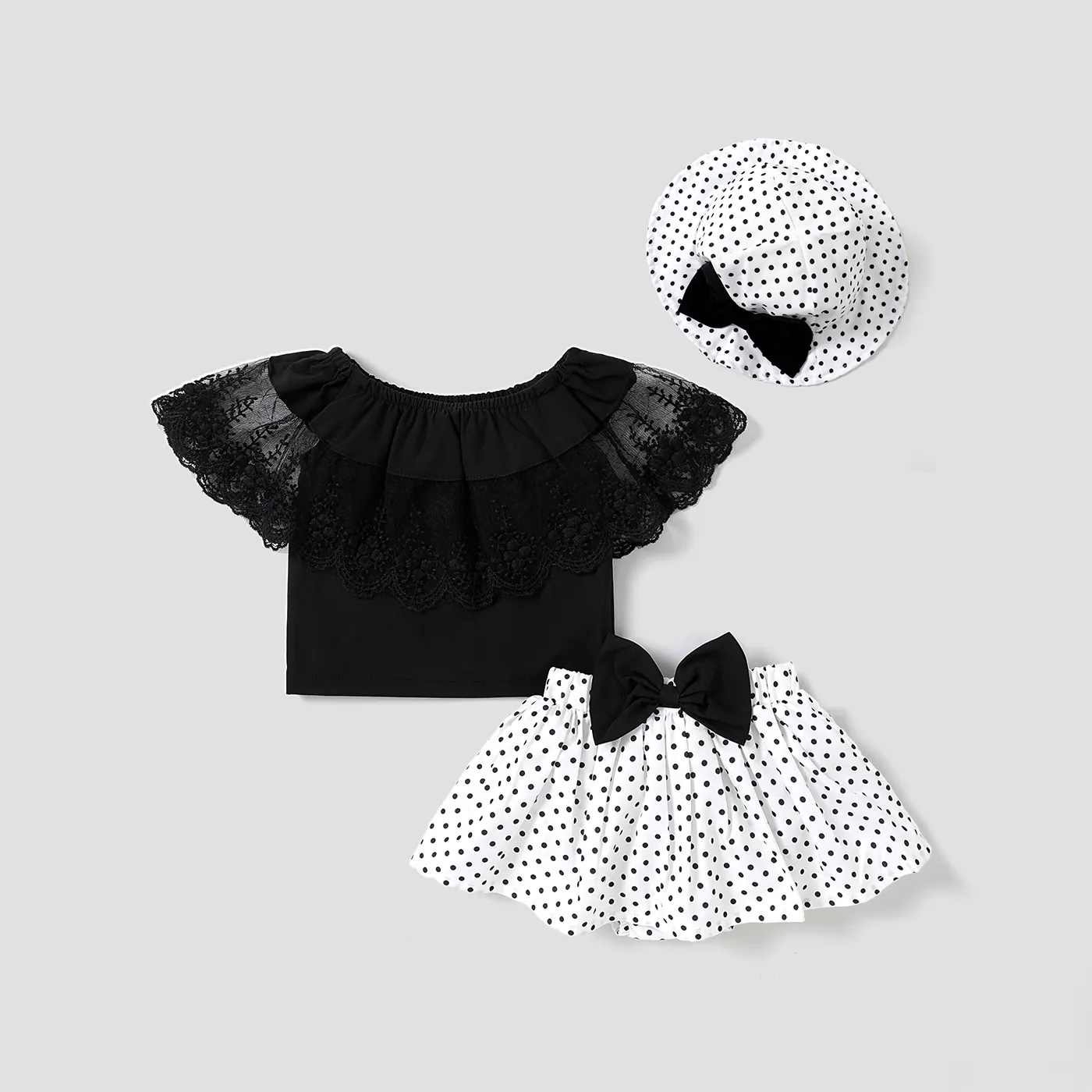 3pcs Baby Girl Lace Top and Allover Polka Dots Bow Decor Skirt and Hat Set Black image 2