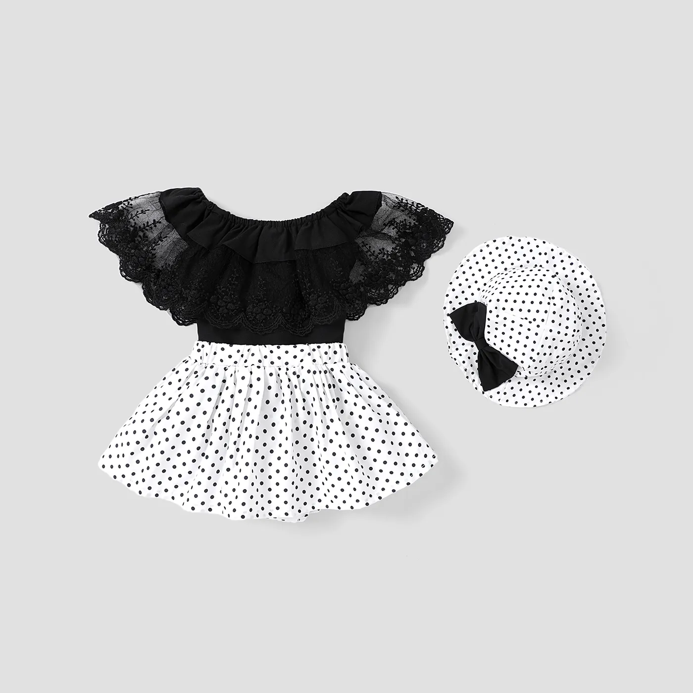 3pcs Baby Girl Lace Top and Allover Polka Dots Bow Decor Skirt and Hat Set Black image 3
