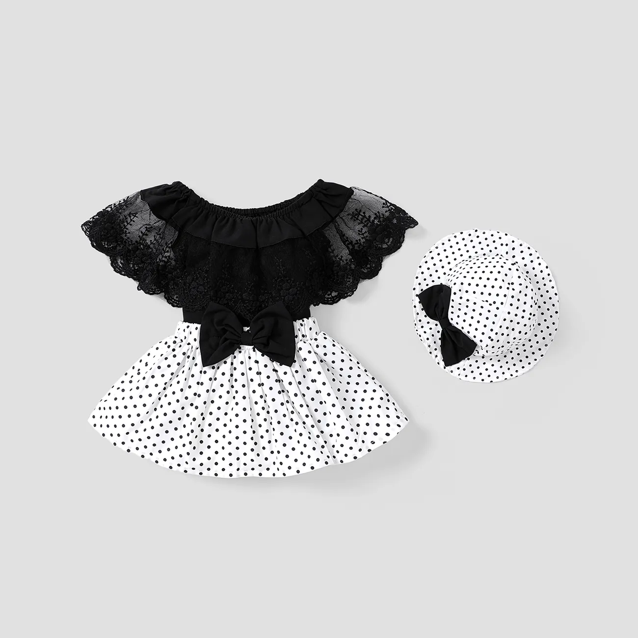 3pcs Baby Girl Lace Top and Allover Polka Dots Bow Decor Skirt and Hat Set Black big image 1