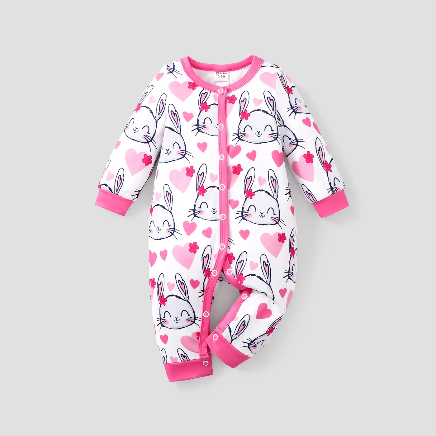 Baby Girl Bunny and Heart Print Long Sleeve Jumpsuit Pink big image 1